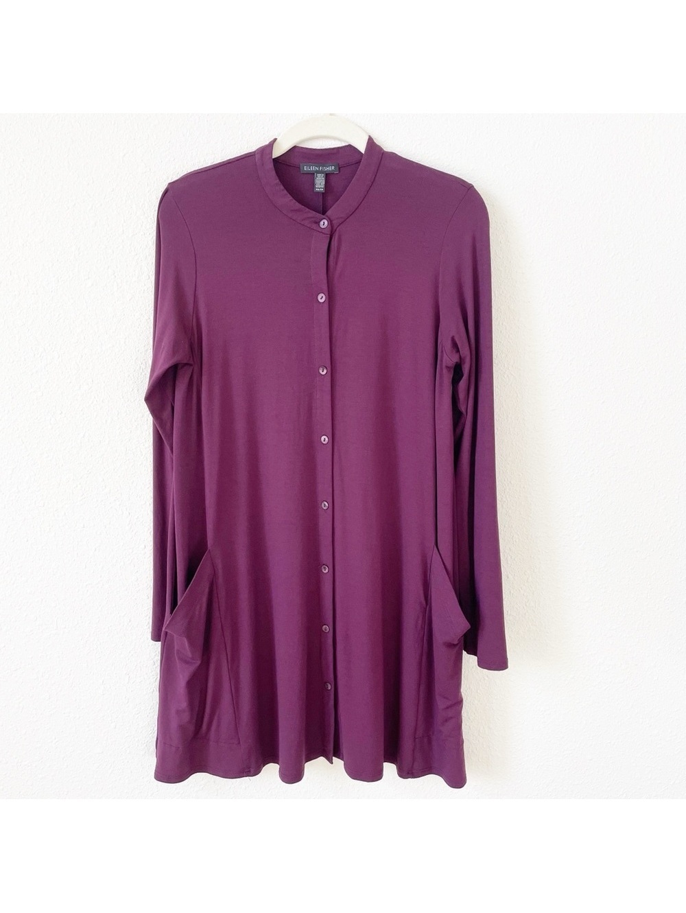 Eileen Fisher Mandarin Collar Shirt Dress Tunic Aubergine Size XS Lagenlook